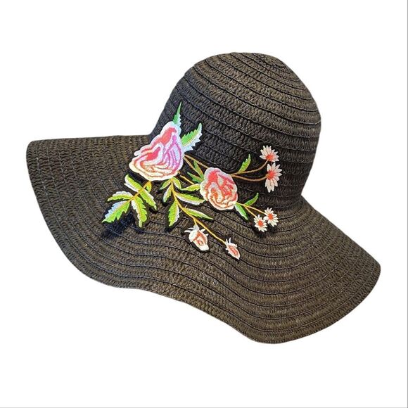 Y2K Black with Pink Floral Embroidered Applique Oversized Straw Floppy Hat - Picture 1 of 11